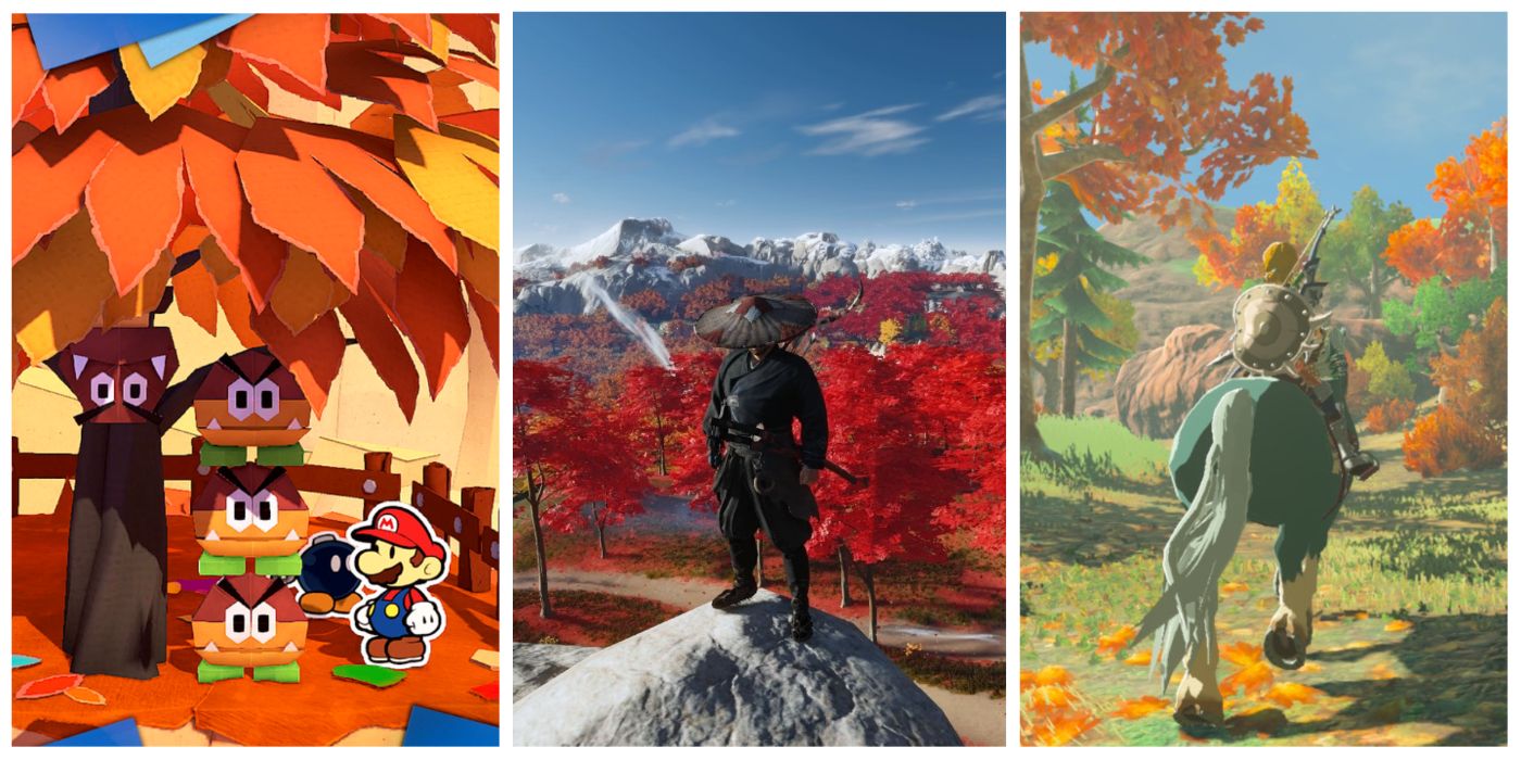 Autumn levels in video games Paper Mario Origami King, Ghost of Tsushima, Legend of Zelda Breath of the Wild