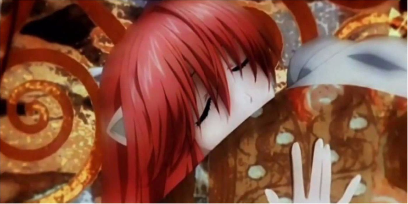 Elfen Lied's opening animation with Lucy holding a robed figure in her arms.