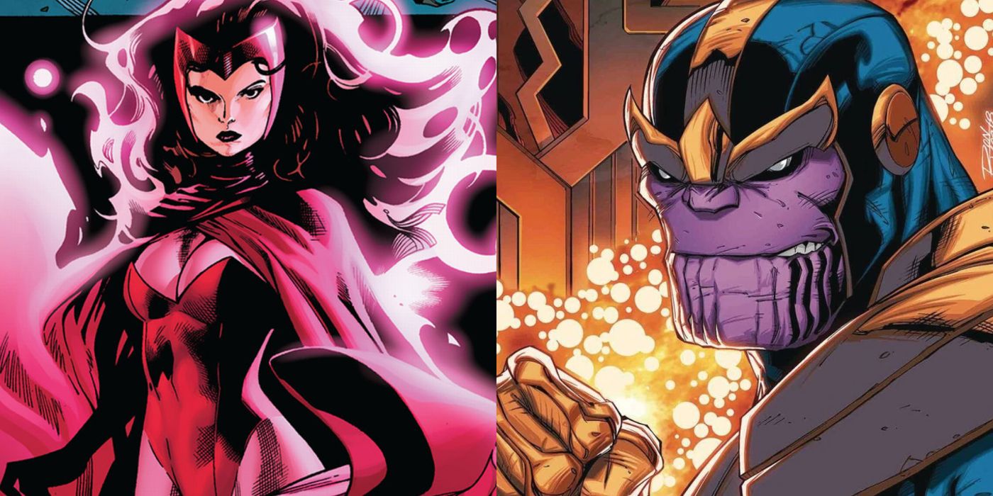 A split image of Scarlet Witch and Thanos