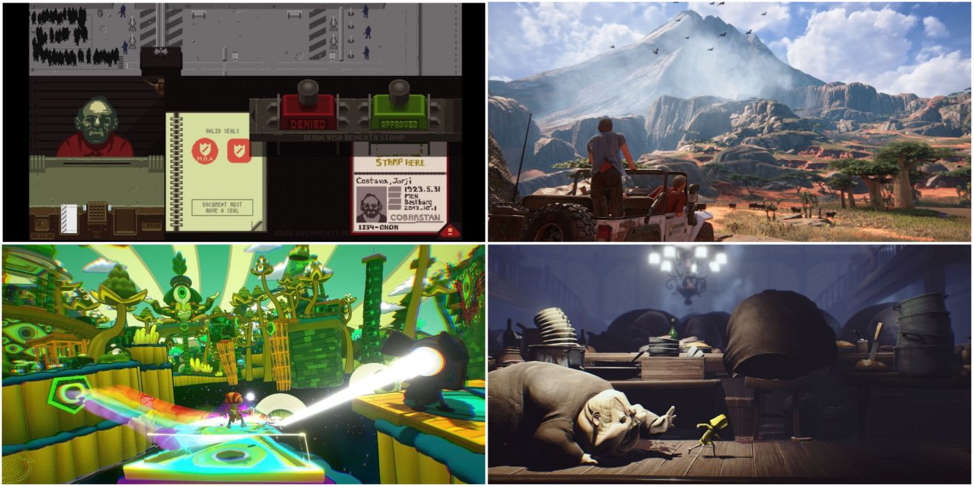 A collage of Papers, Please, Uncharted 4, Psychonauts 2, and Little Nightmares
