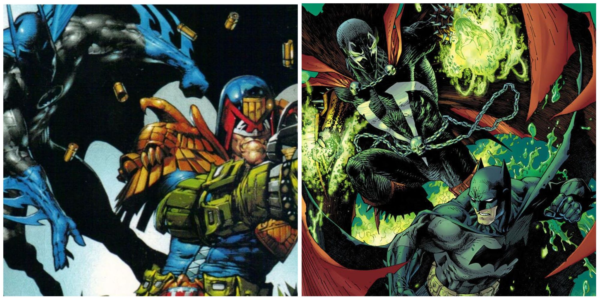 A split image of Batman sneaking up on Judge Dredd and of Spawn appearing behind Batman