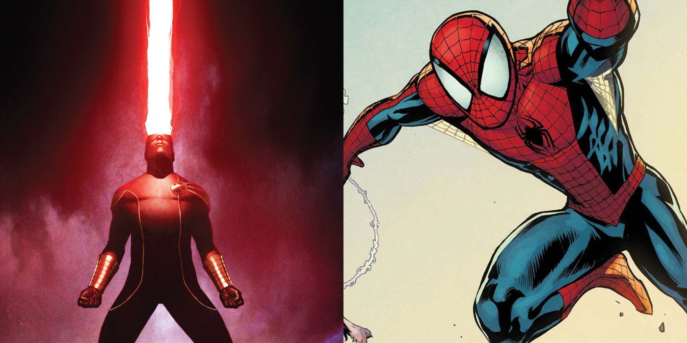 A split image of Cyclops and Spider-Man
