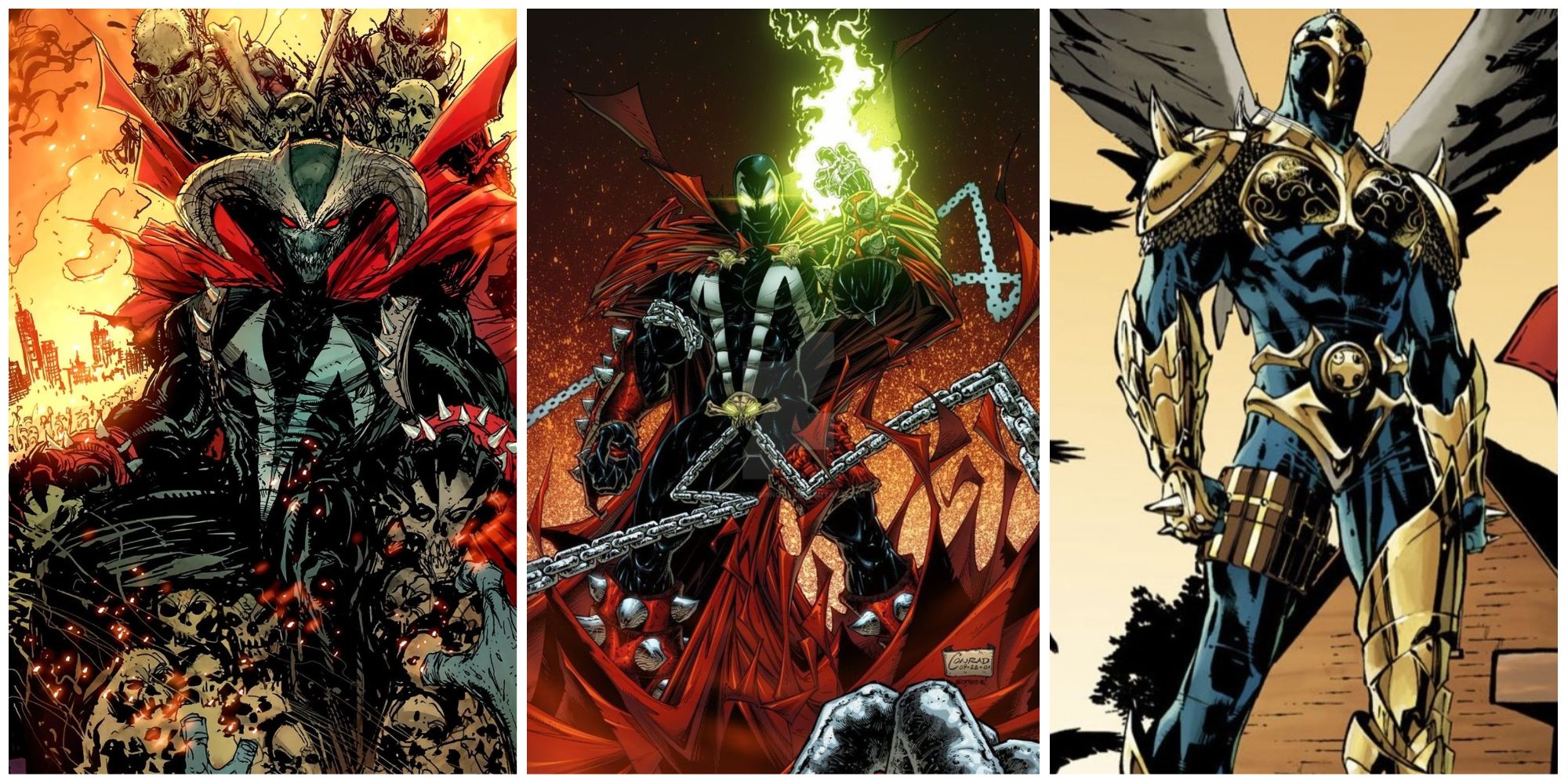 A split image of Spawn Omega, Al Simmons' Spawn, and Redeemer in Image Comics