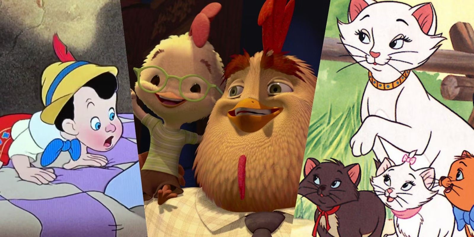 Collage of Pinocchio, Chicken Little, and Aristocats