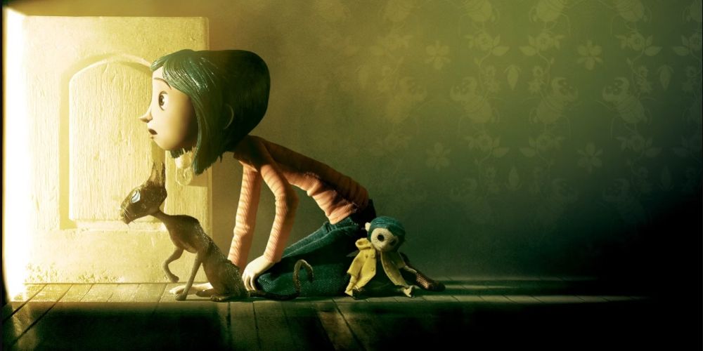 Coraline discovering an alternate universe with her pet cat.