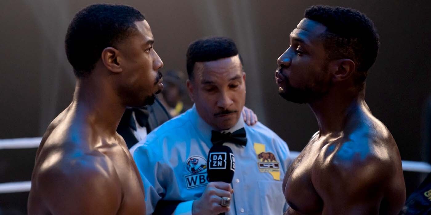 Michael B Jordan's Adonis Creed faces off against Jonathan Majors's Damian in the ring in Creed III.