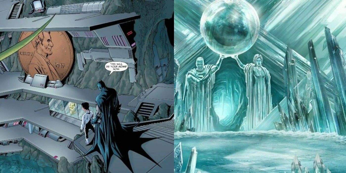 A split image of the Batcave and the Fortress of Solitude