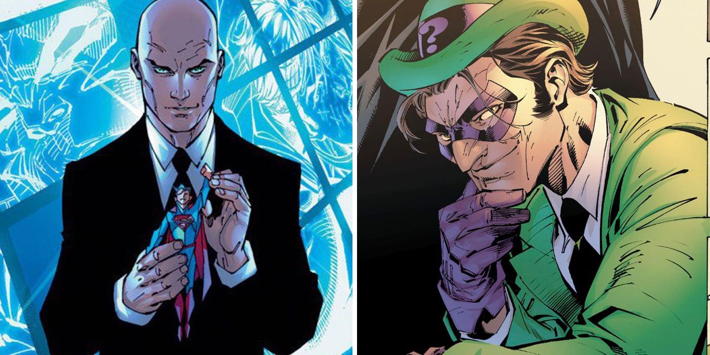 split image of Lex Luthor holding a Superman toy and Riddler