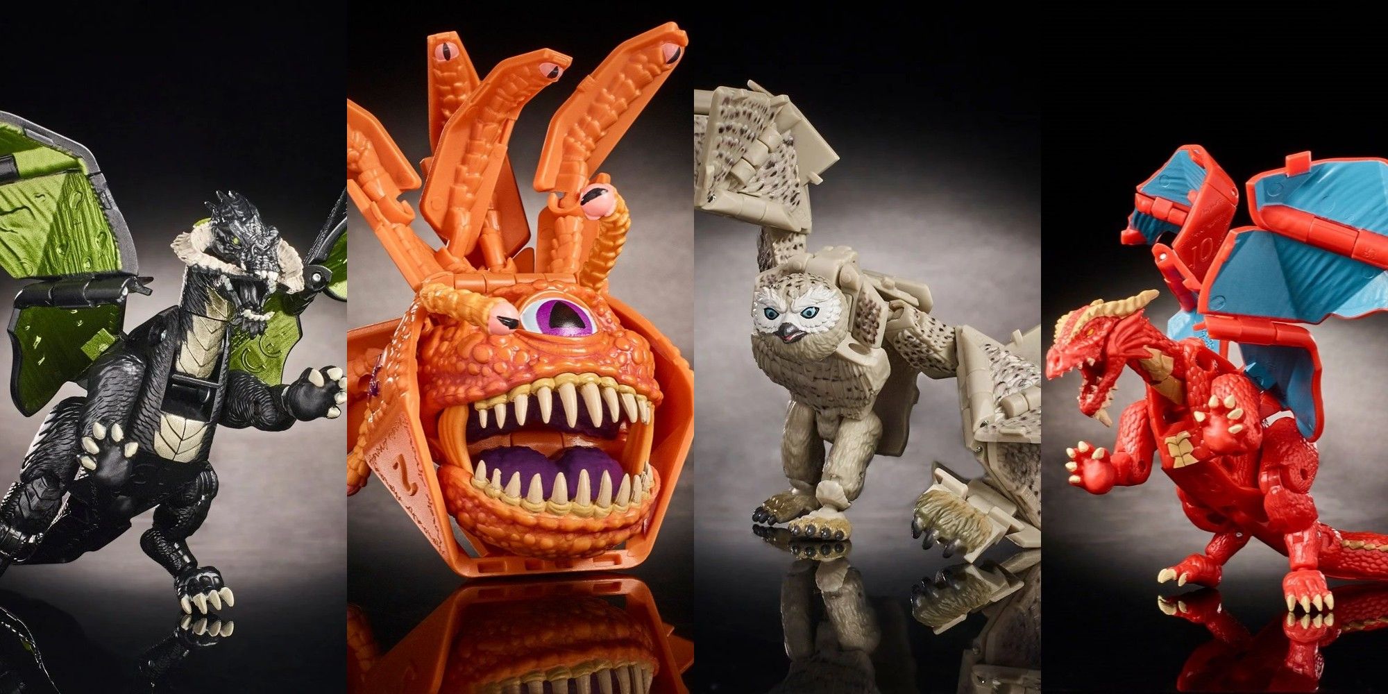 Four transforming action figure toys from D&D DnD featuring a Black and Red Dragon, a Beholder, and an Owlbear