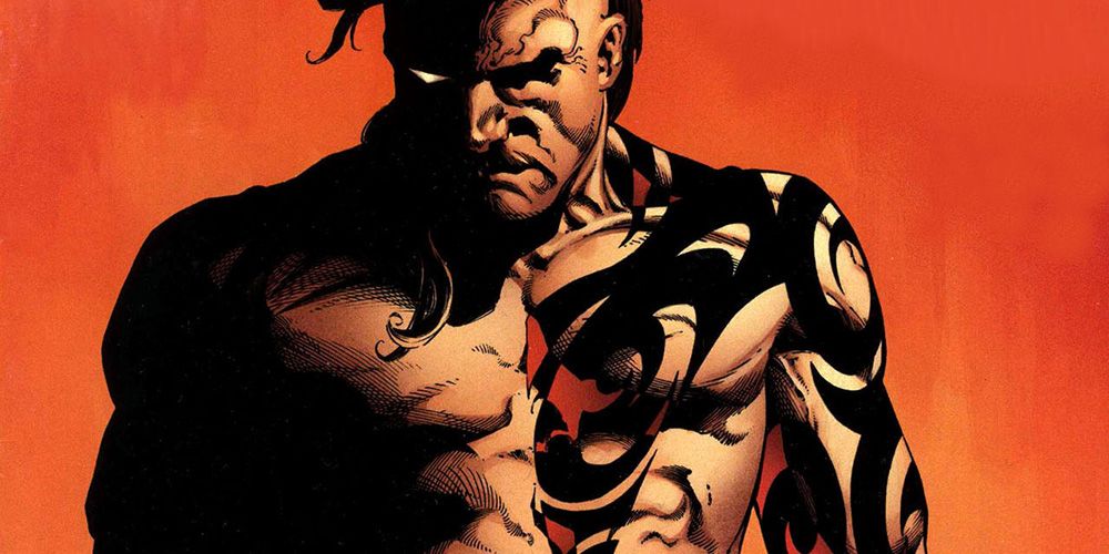 Daken, shirtless, against a red-orange background, in Marvel Comics