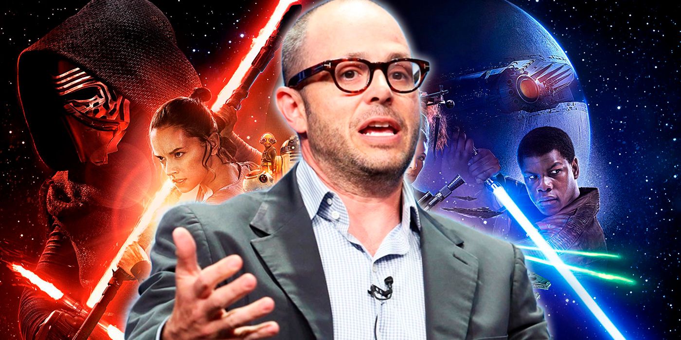 Damon Lindelof posed in front of the Star Wars sequel trilogy posters 