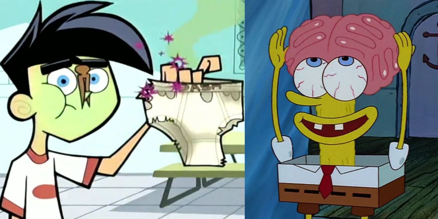 Danny Fenton holding underwear and SpongeBob SquarePants touching his brain from Nickelodeon shows.