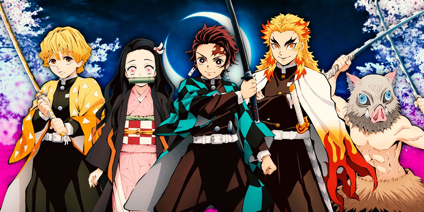Zenitsu, Nezuko, Tanjiro, Rengoku and Inosuke from Demon Slayer. 