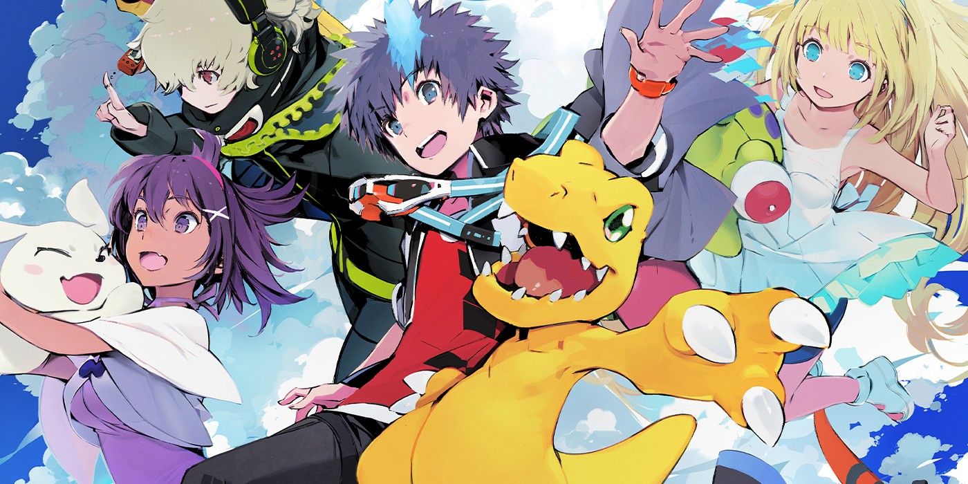 Official Art for Digimon World Next Order; characters with their Digimon in front of a cloudy blue sky.