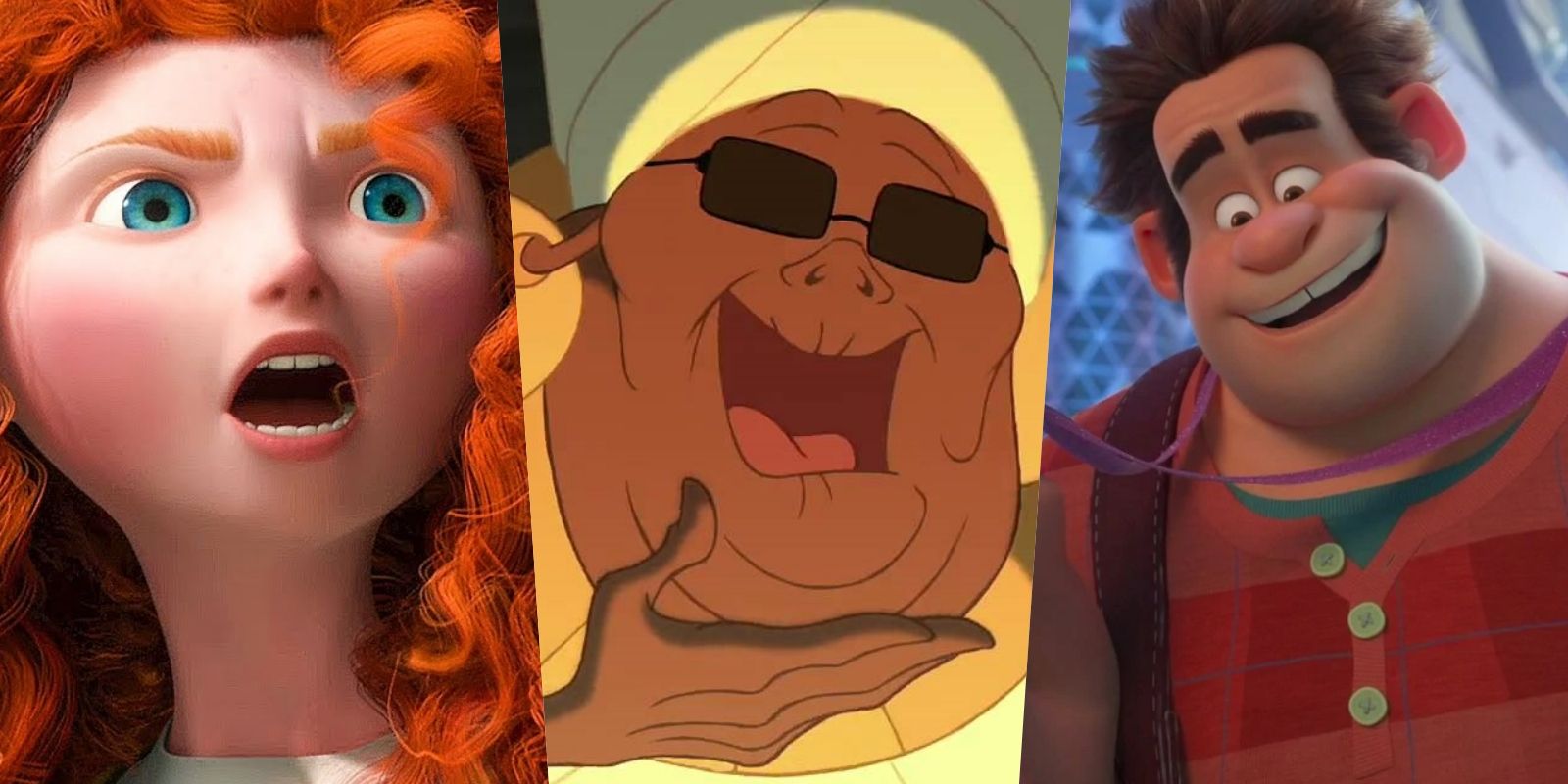 A split image of Disney's Princess Merida from Brave, Mama Odie from Princess & The Frog, and Wreck-It Ralph