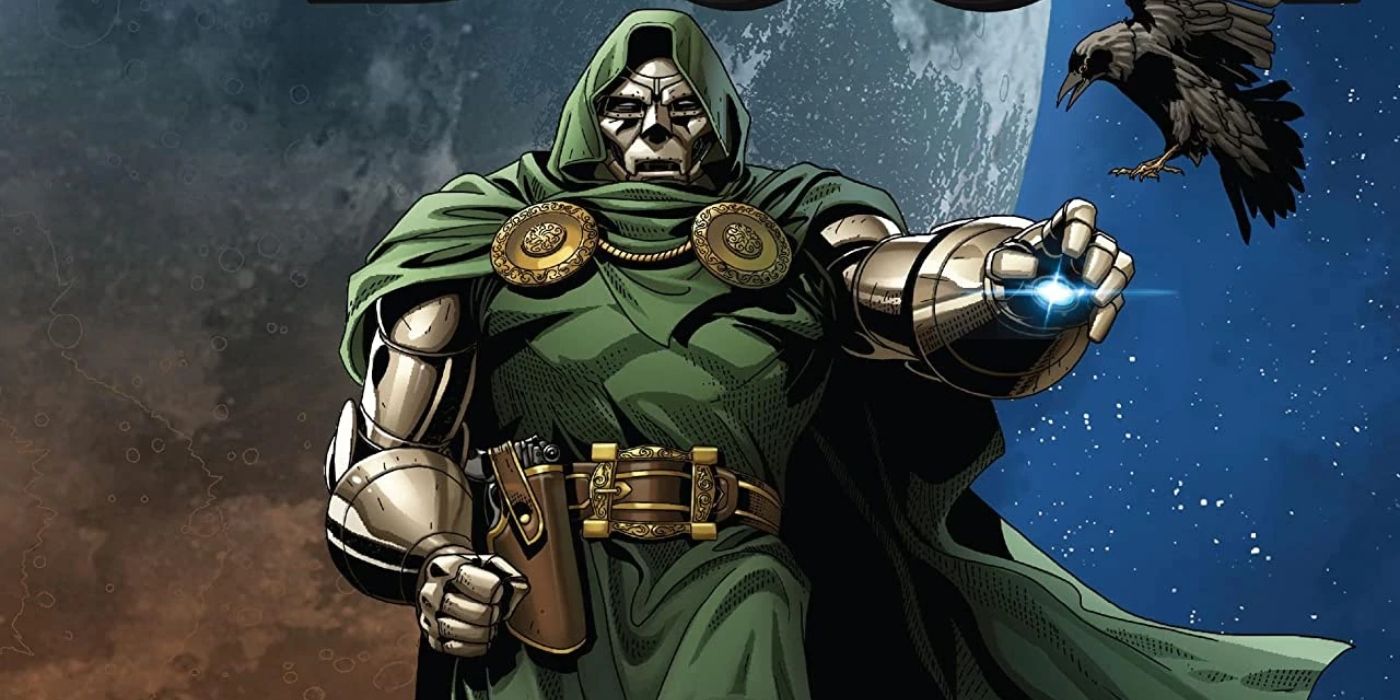 Doctor Doom raises a hand for a raven to perch in Marvel Comics.