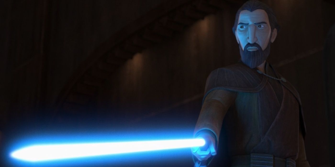 Count Dooku with a blue lightsaber in Tales of the Jedi.