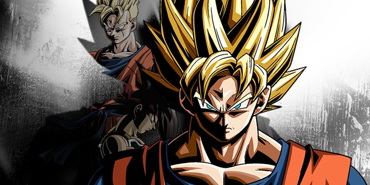 Super Saiyan Goku stares forward as other Dragonball characters fade into the background