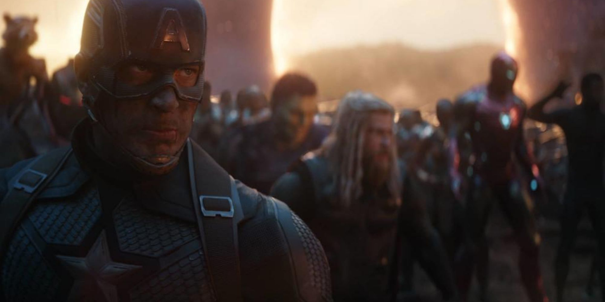 Chris Evans as Captain America leading the Avengers into battle in Avengers: Endgame