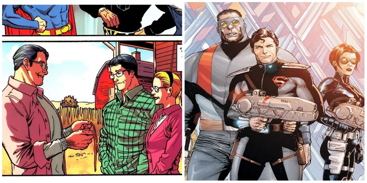 A split image of Supermen of America and Superman in the Kryptonian Military Guild