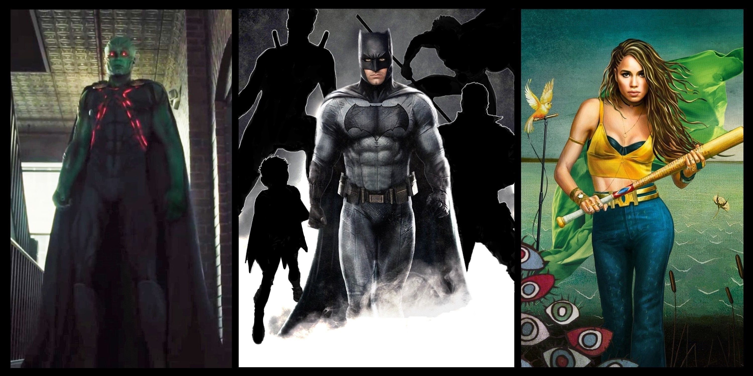 Split image of Martian Manhunter, Ben Affleck's Batman surrounded by silhouettes of his sons, and Jurnee Smollett's Black Canary