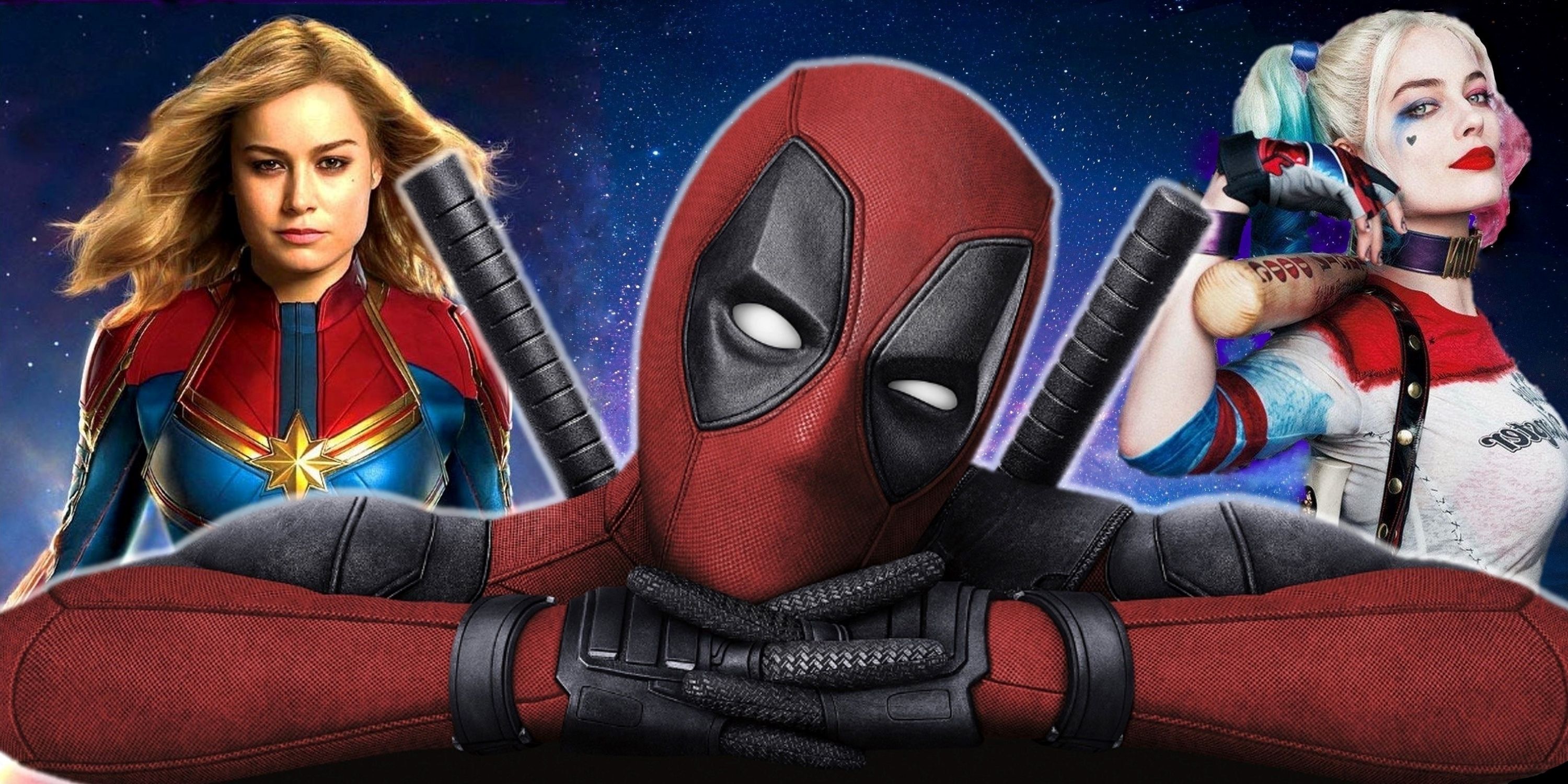 Split Image of Captain Marvel, Deadpool and Harley Quinn in Marvel Comics