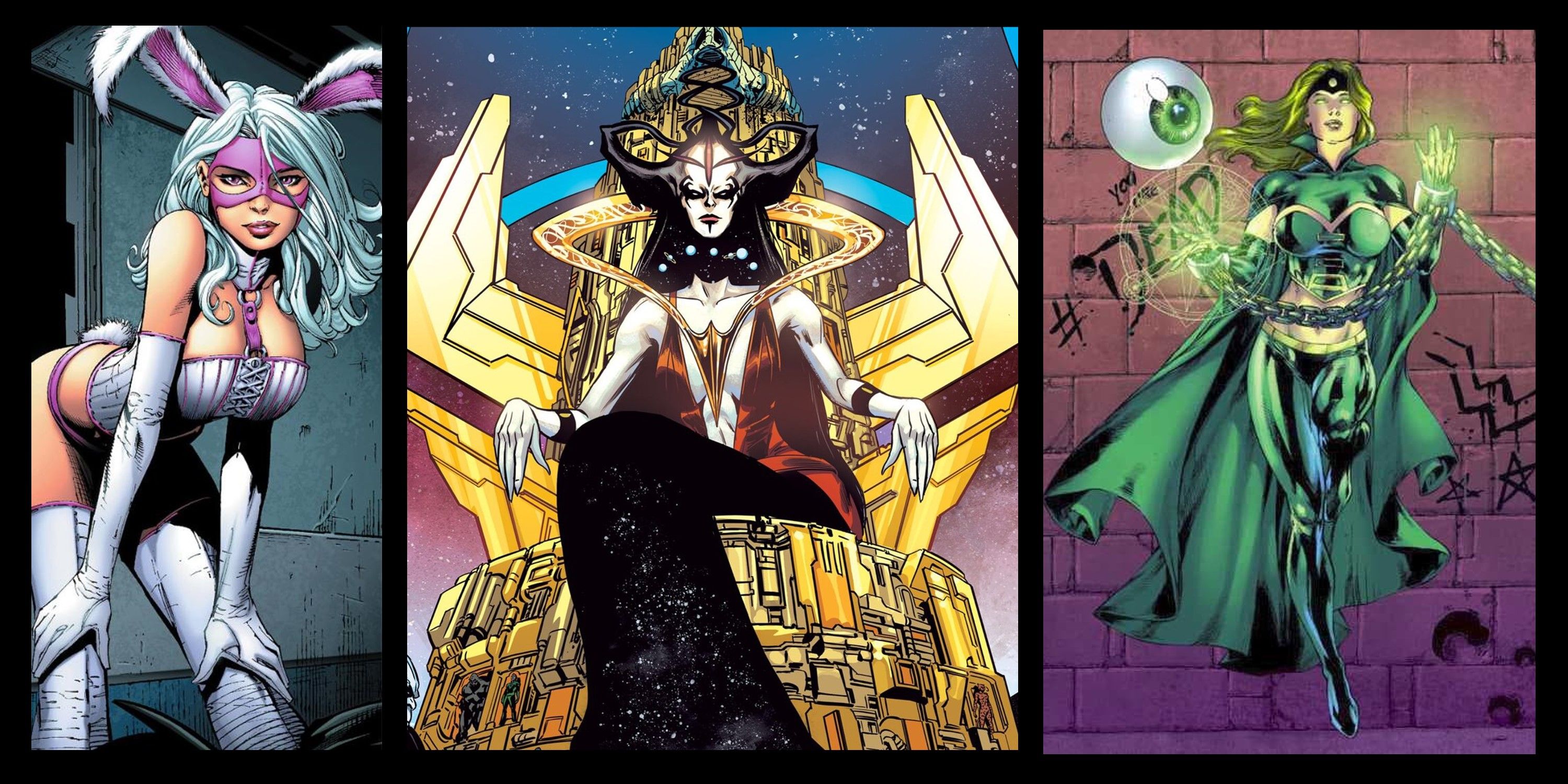 Split Image of White Rabbit, Perpetua and Emerald Empress from DC Comics