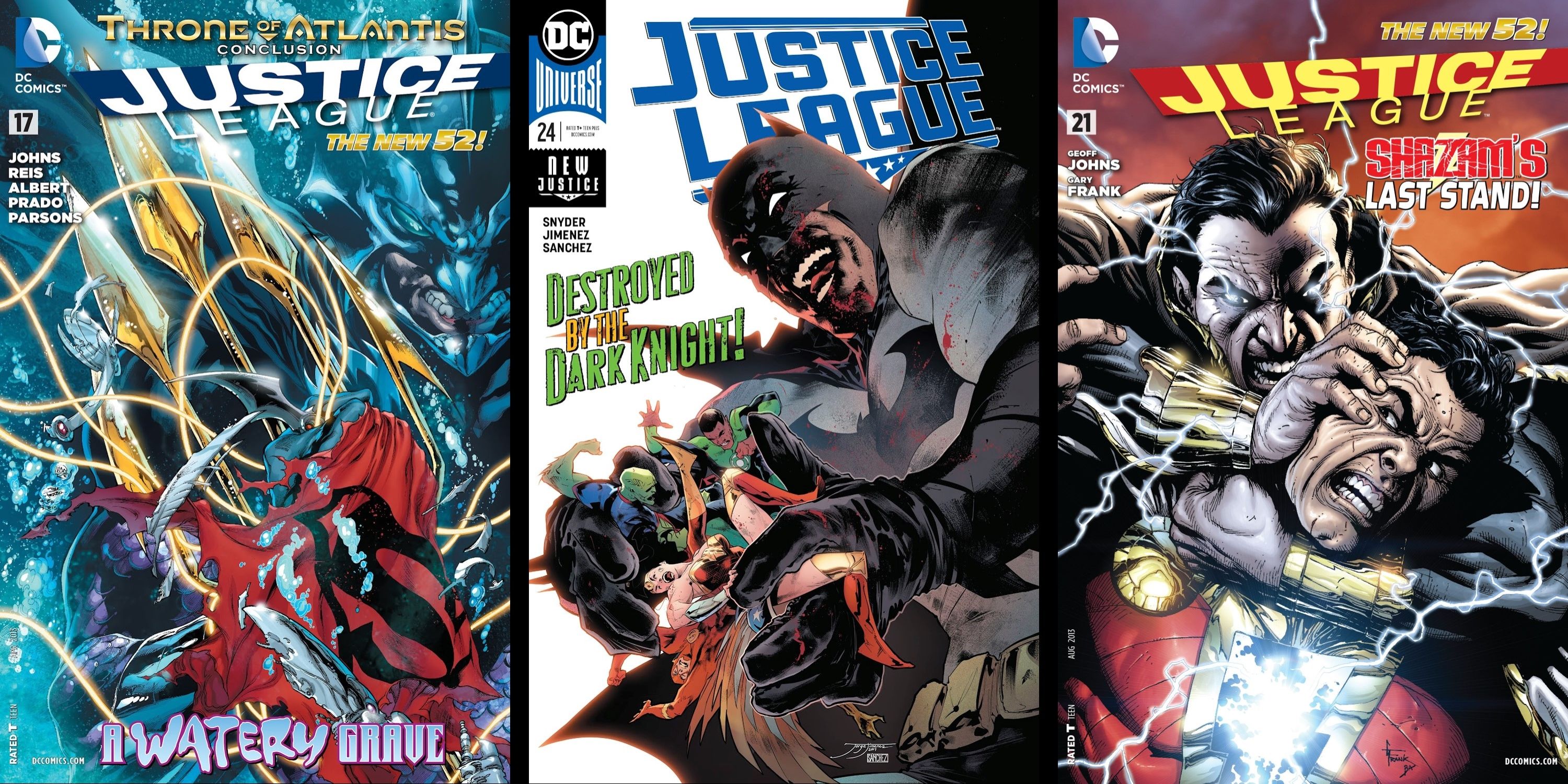 Split Image of Justice League covers with Aquaman's trident, Batman vs the League and Shazam vs Black Adam