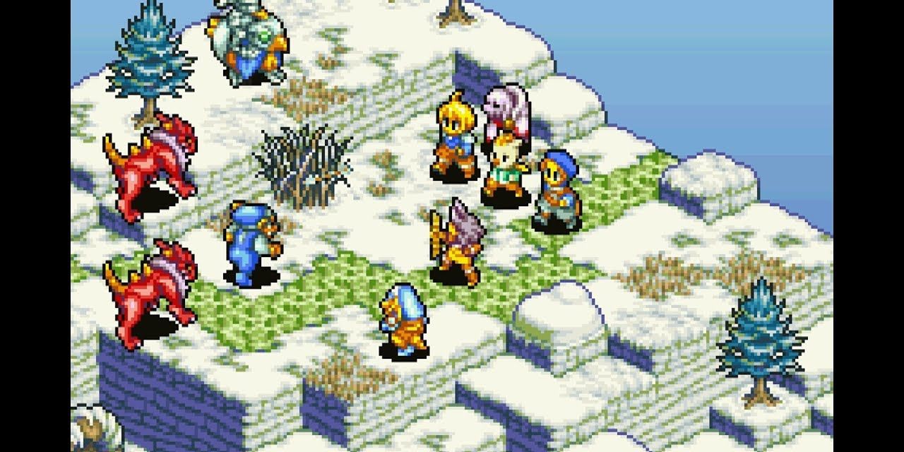 Marche and company approach a group of enemies in Final Fantasy Tactics Advance