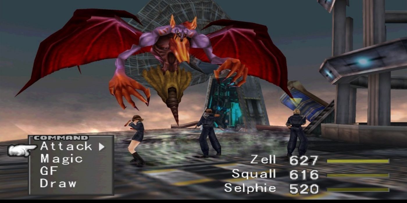 Zell, Squall e Selphie lutam no Final Fantasy VIII original