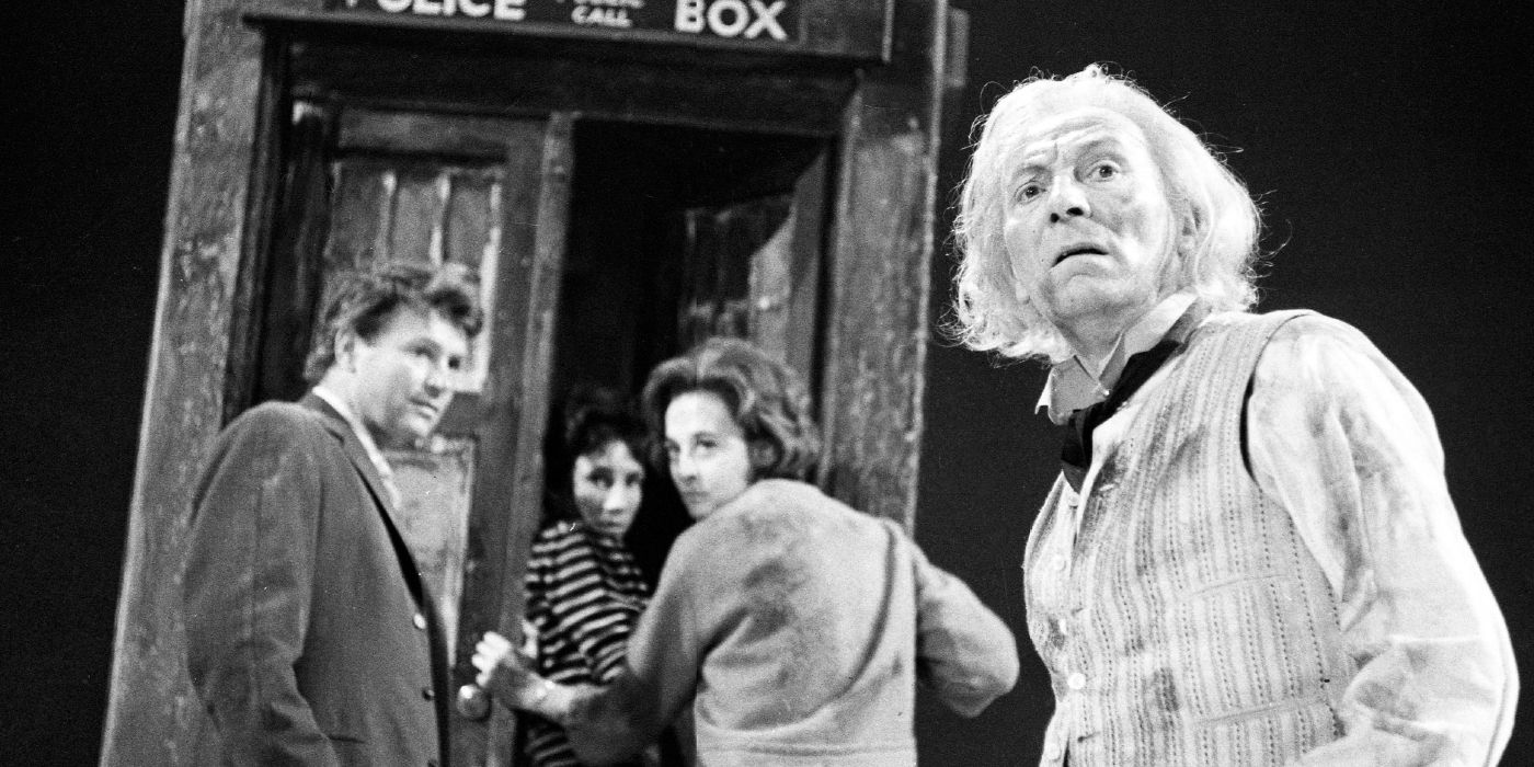 The First Doctor is with his companions, Ian, Barbara, and Susan, in front of the TARDIS in Doctor Who