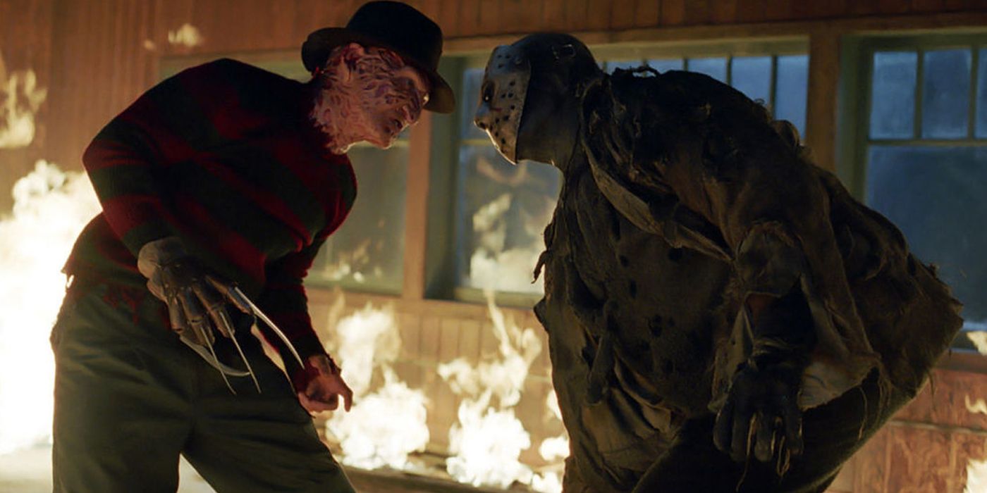 Freddy Krueger facing off with Jason Voorhees in a burning cabin