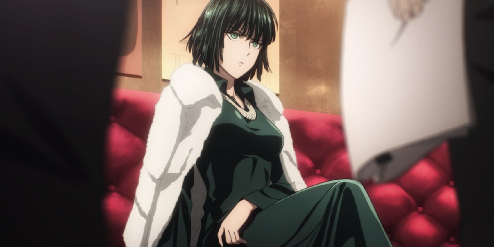 Fubuki sitting on the couch in One Punch Man