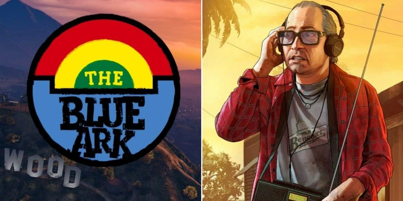 A split image of art for GTA's Blue Ark Radio Show and of Ron listening to a radio
