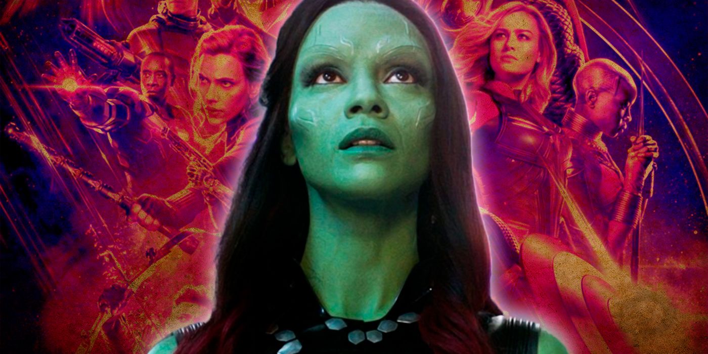 Gamora in front of a colorful image of The Avengers.
