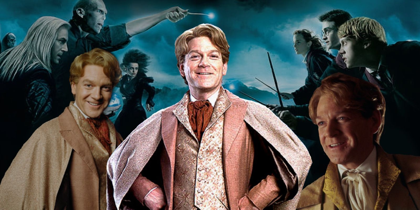 3 portraits of Harry Potter’s Gilderoy Lockhart in front of Battle of Hogwarts background scene. 