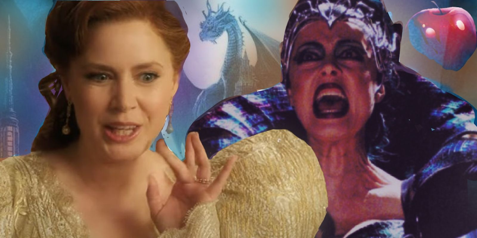 Gisele and the Evil Stepmother from Enchanted with a dragon behind them