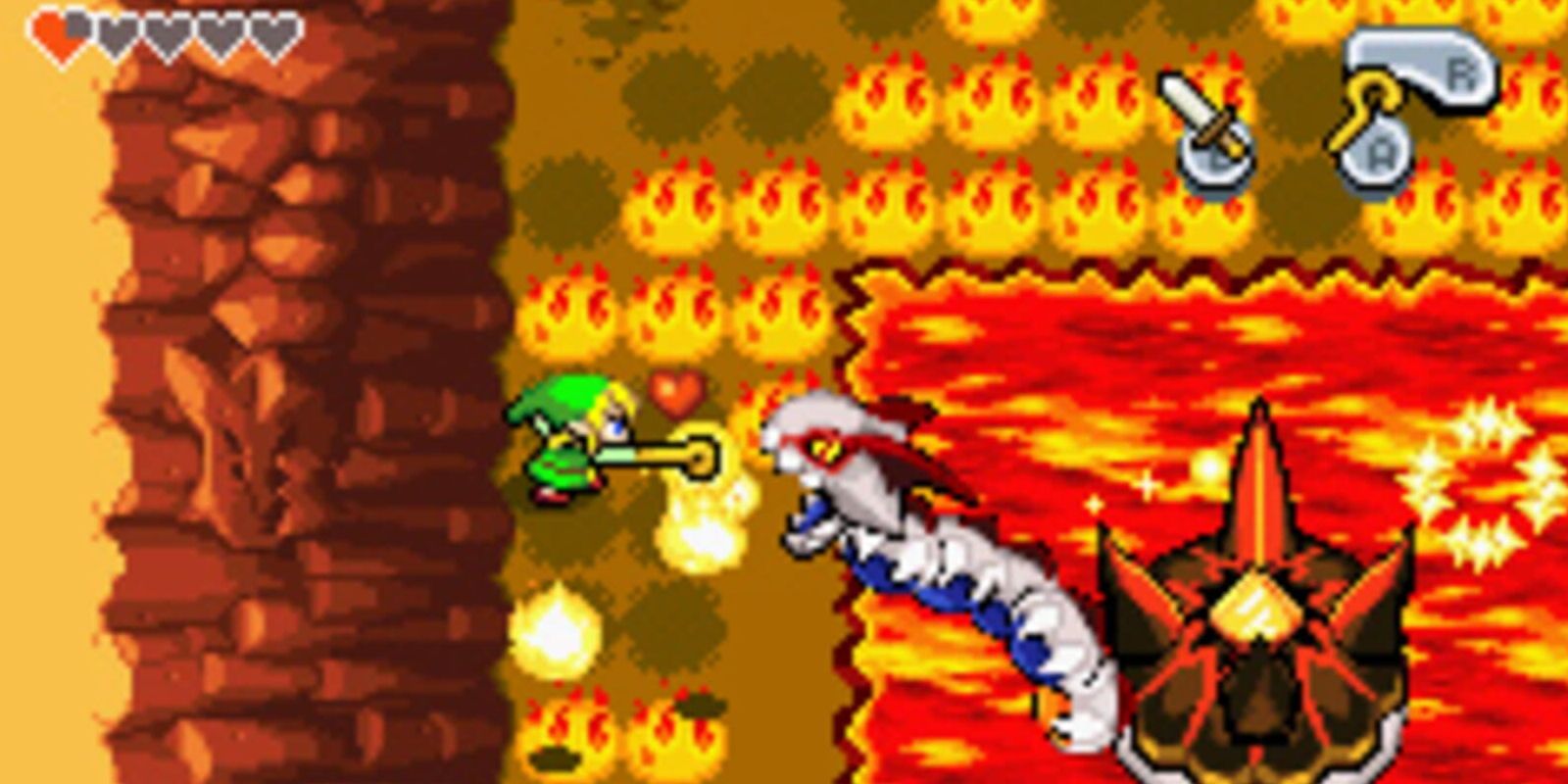 Link fights Gleerok in the Cave of Flames in The Legend of Zelda The Minish Cap