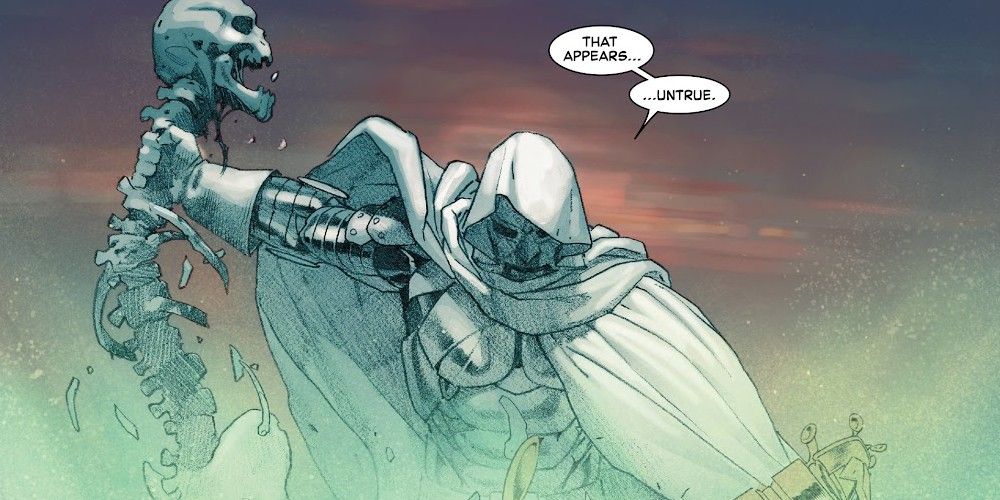 God Emperor Doom rips out Thanos' skeleton in Secret Wars 8 in Marvel Comics