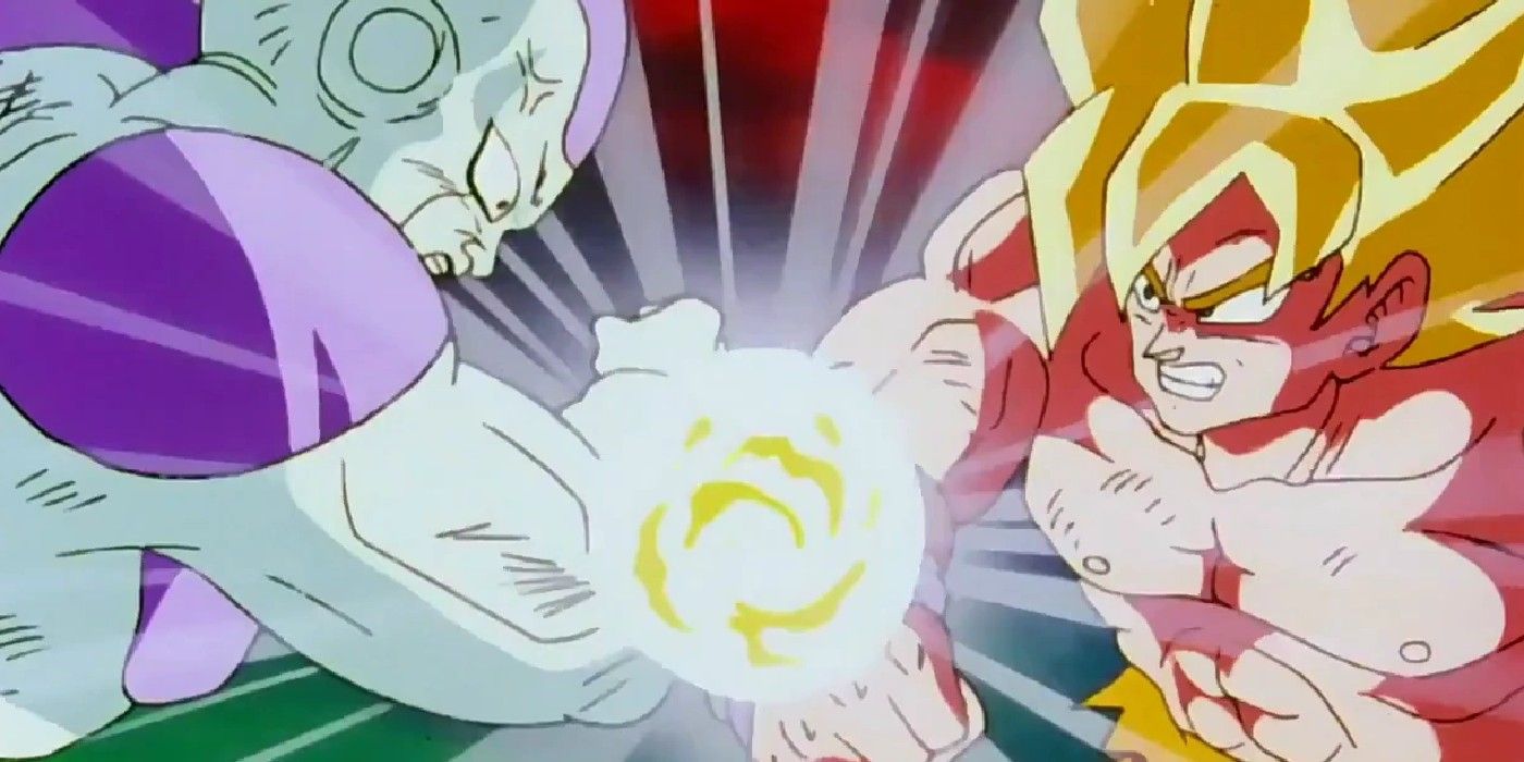 Goku blocks Frieza's attack in Dragon Ball Z.