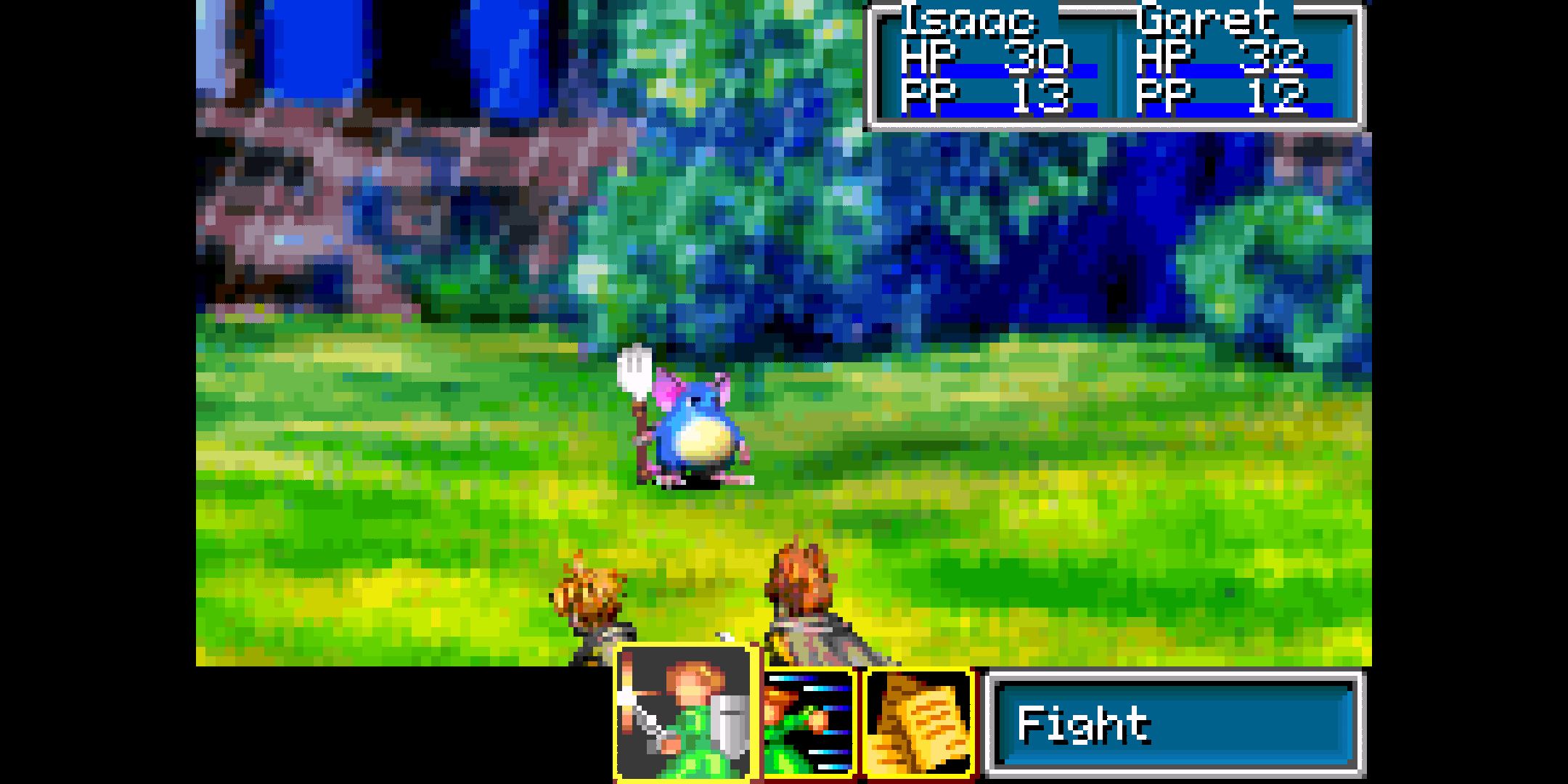 Isaac and Garet fight a mouse-like enemy in Golden Sun