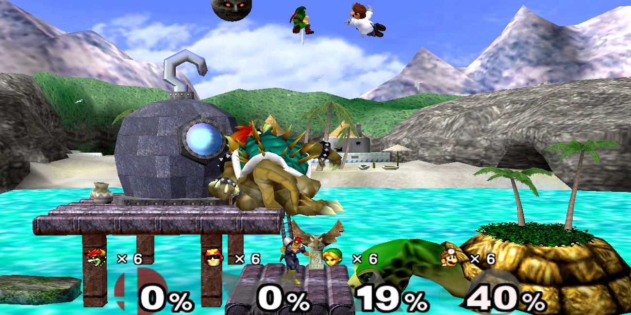 Bowser, Captain Falcon, Young Link, and Dr. Mario fight on the Great Bay stage in Super Smash Bros Melee