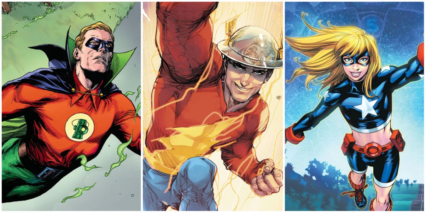 Green Lantern flying, the flash running, and stargirl flying in side by side images in dc comics