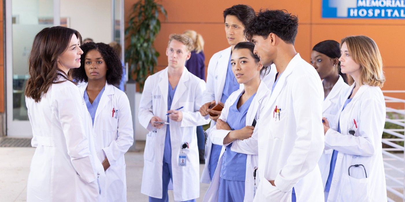 Grey's Anatomy Season 19 interns stand in lobby with Amelia Shepherd.