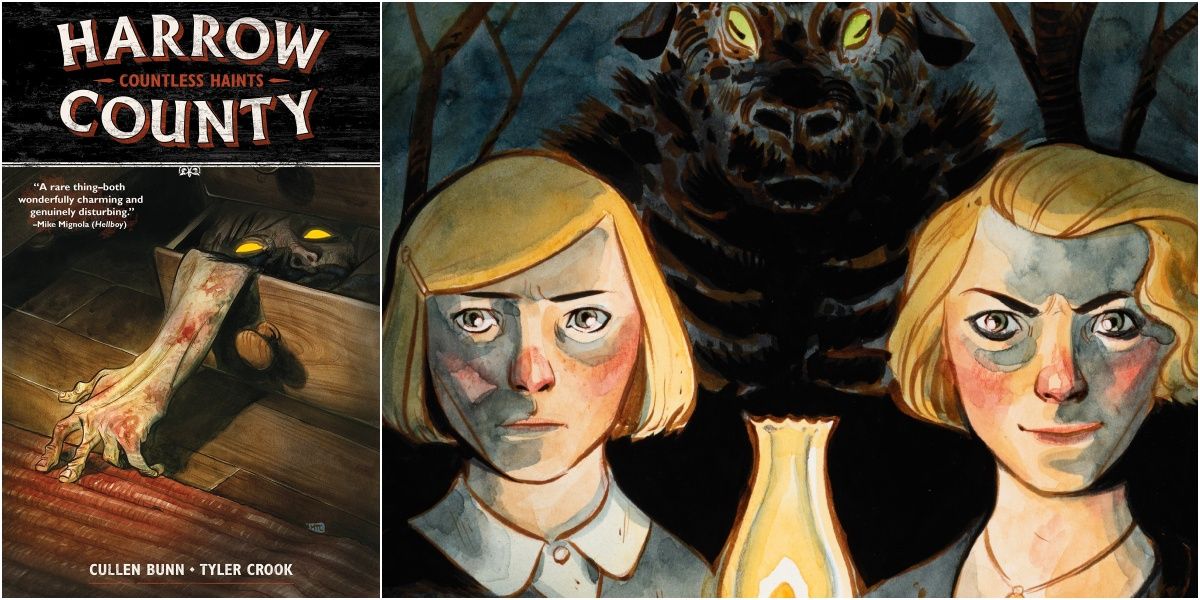 split image of Harrow County volume 1 cover and cover artwork