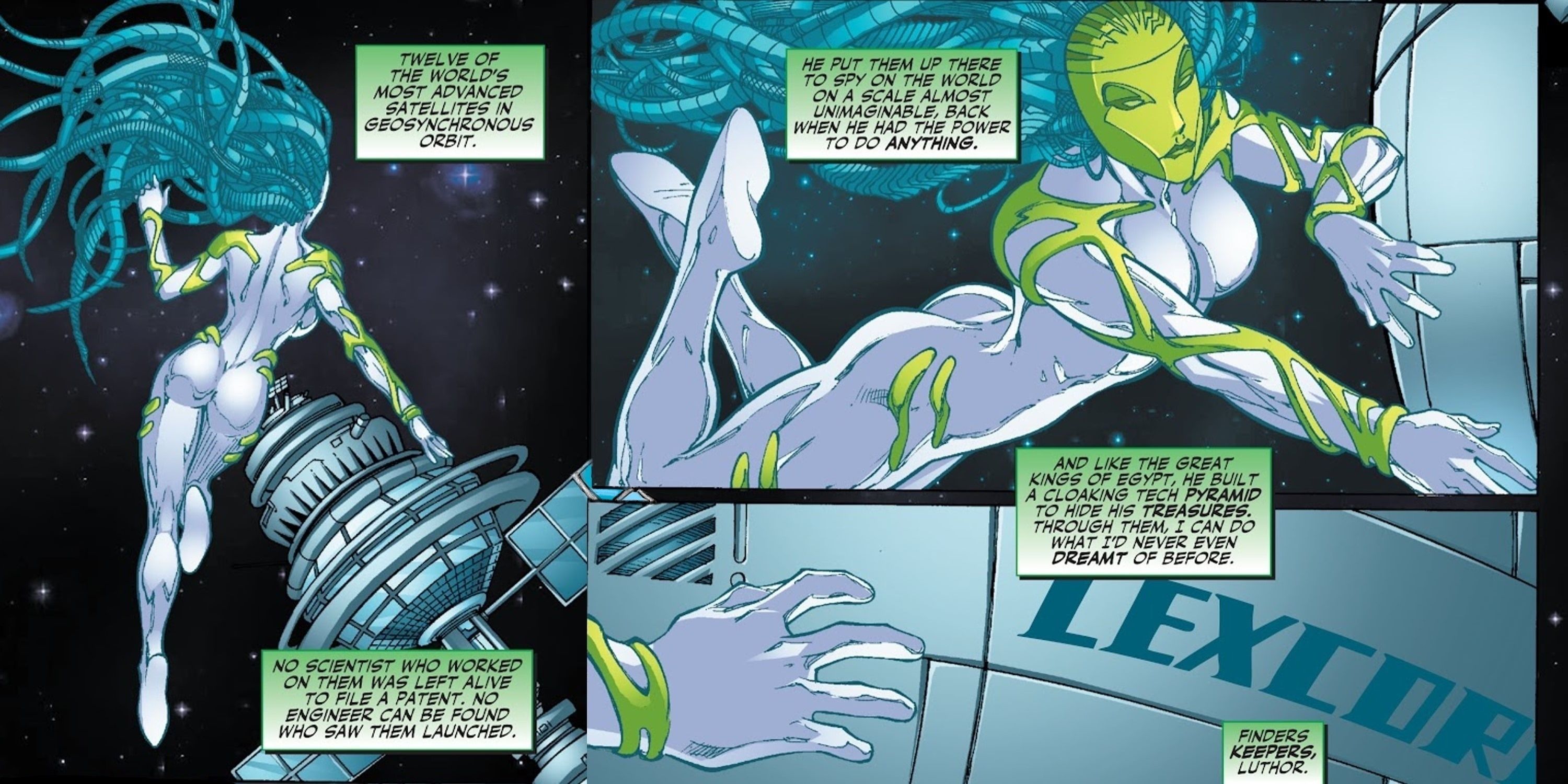 Barbara Gordon as Oracle hacks one of Lex Luthor's satellites in DC Comics