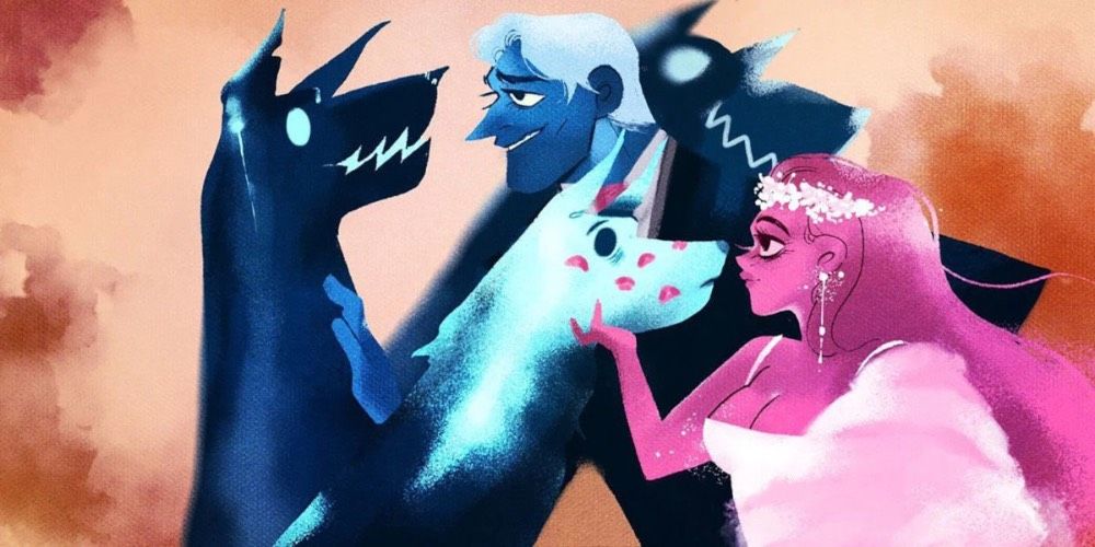 Hades, Persephone, and Cerberus cuddling from Lore Olympus.