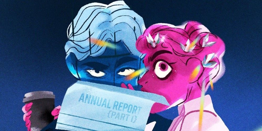 Hades and Persephone hiding coyly behind a report in Lore Olympus.