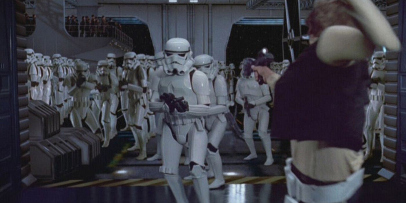 Han Solo running from stormtroopers in A New Hope