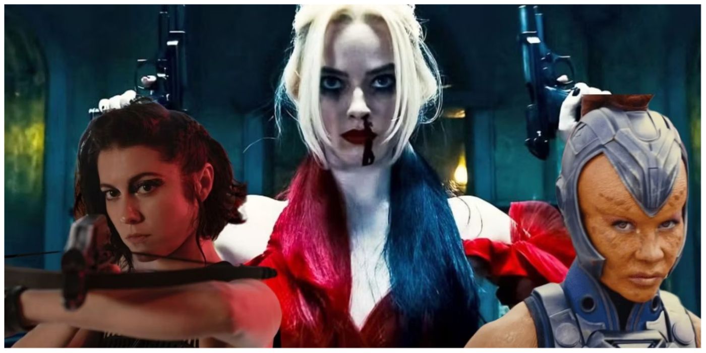 combined image of 3 female DCEU villains: Harley Quinn, Mongal, and Huntress